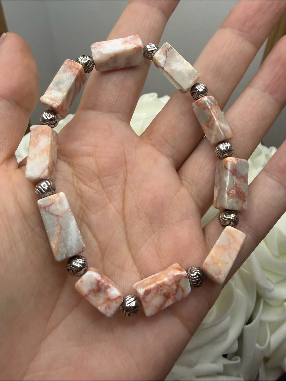 Natural Peach Marble Stone Bracelet with Silver Accent Beads